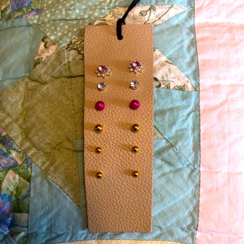 Strand of Post Earrings on Leather, 6 Pair, NWOT